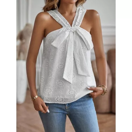 SHEIN LUNE Blusa con bordado con ojal con cordón delantero de cuello V