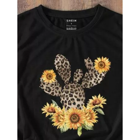 Camiseta con girasol con con estampado de leopardo