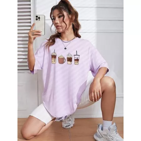 Camiseta amplia con estampado de café de hombros caídos