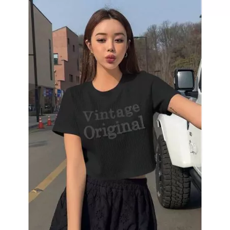 Camiseta crop en relieve de letra tejido de canalé