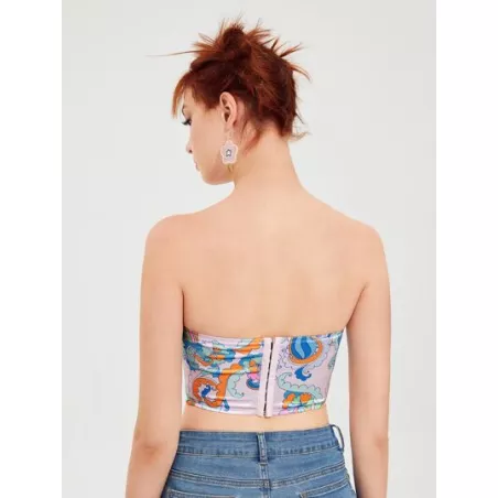 Top bandeau con estampado de dibujo bajo curvo corto de satén