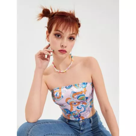 Top bandeau con estampado de dibujo bajo curvo corto de satén