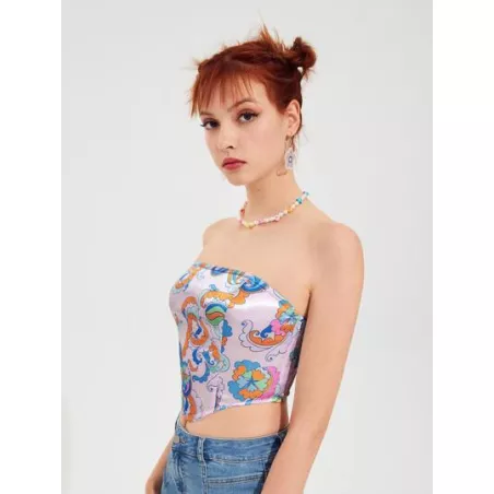 Top bandeau con estampado de dibujo bajo curvo corto de satén