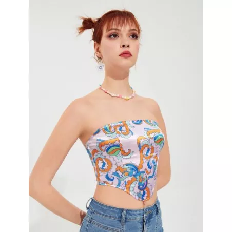 Top bandeau con estampado de dibujo bajo curvo corto de satén