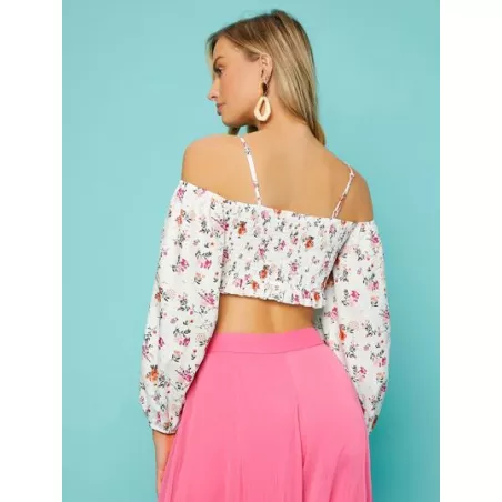 VCAY Top corto con estampado floral de hombros descubiertos fruncido ribete con fruncido