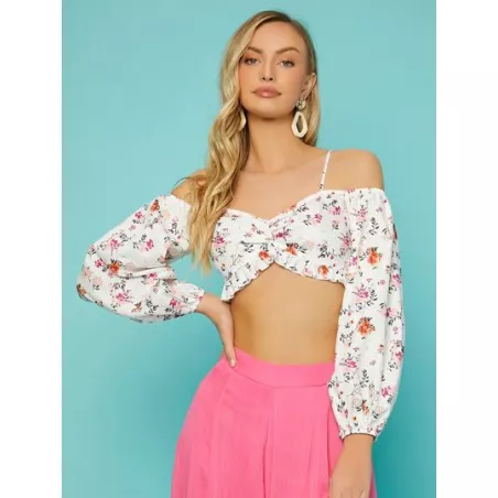 VCAY Top corto con estampado floral de hombros descubiertos fruncido ribete con fruncido