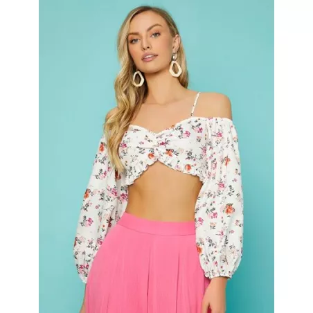 VCAY Top corto con estampado floral de hombros descubiertos fruncido ribete con fruncido