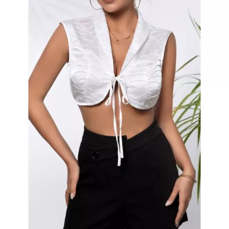 SHEIN BAE Top con cordón delantero de cuello esmoquin con textura de satén