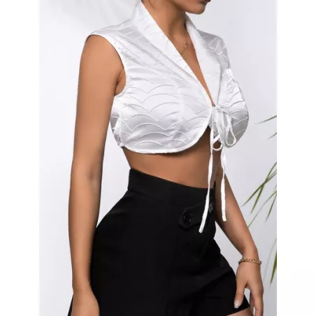 SHEIN BAE Top con cordón delantero de cuello esmoquin con textura de satén