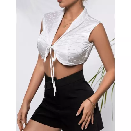 SHEIN BAE Top con cordón delantero de cuello esmoquin con textura de satén