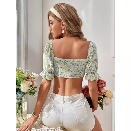 SHEIN WYWH Top corto con estampado floral de manga farol con nudo delantero con abertura