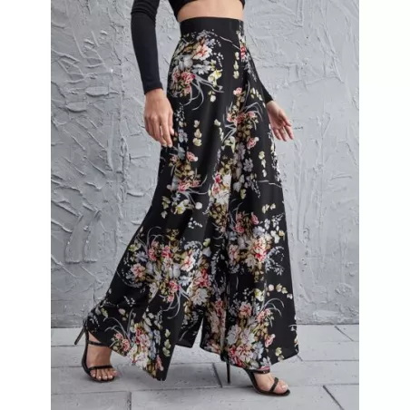 Pantalones de pierna ancha floral de cintura alta