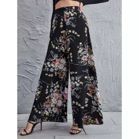 Pantalones de pierna ancha floral de cintura alta