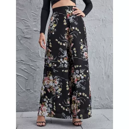 Pantalones de pierna ancha floral de cintura alta