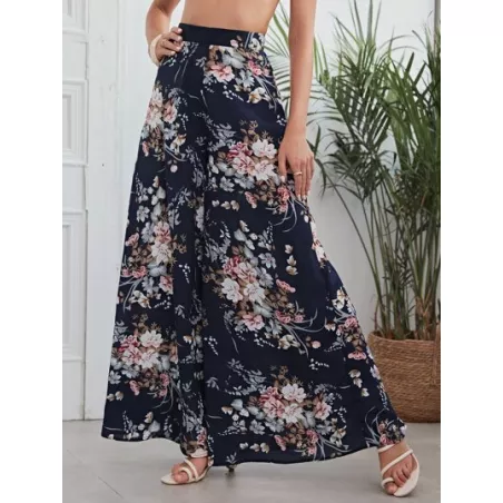 Pantalones de pierna ancha floral de cintura alta