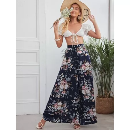 Pantalones de pierna ancha floral de cintura alta