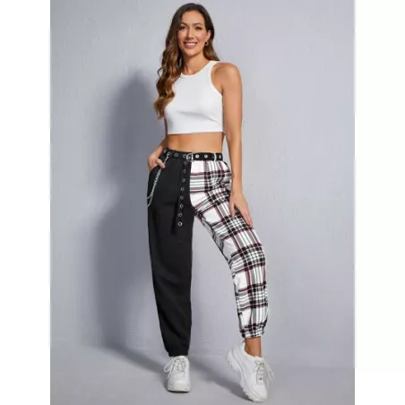 Coolane Pantalones de color combinado de tartán con diseño de cadena con cinturón