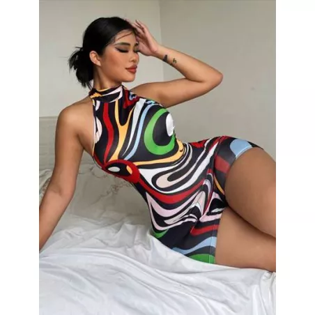 Mono unitard con estampado de cuello halter de espalda abierta