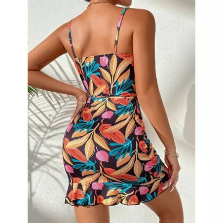 SHEIN VCAY Vestido de tirantes con estampado tropical con cinturón fruncido bajo con fruncido