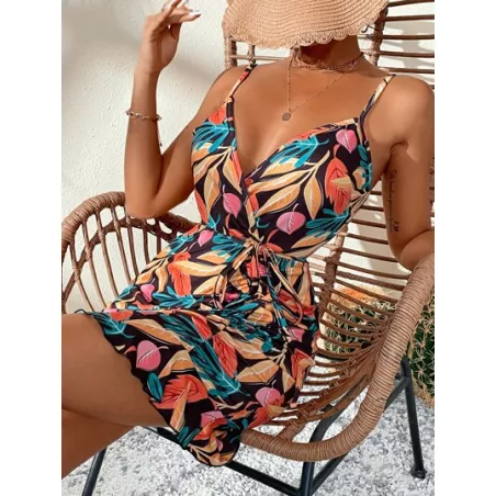 SHEIN VCAY Vestido de tirantes con estampado tropical con cinturón fruncido bajo con fruncido