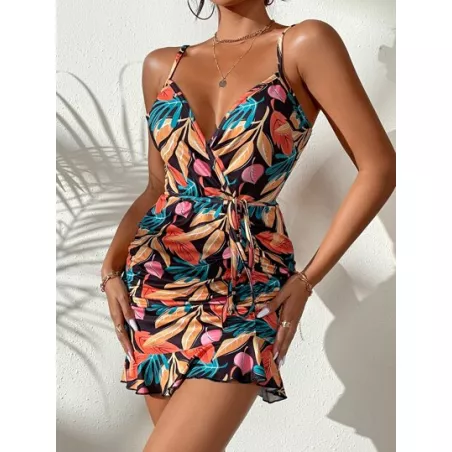 SHEIN VCAY Vestido de tirantes con estampado tropical con cinturón fruncido bajo con fruncido