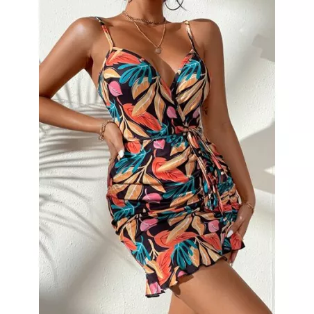 SHEIN VCAY Vestido de tirantes con estampado tropical con cinturón fruncido bajo con fruncido