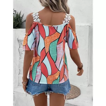 SHEIN VCAY Blusa con estampado geométrico panel con encaje de hombros descubiertos