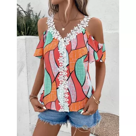 SHEIN VCAY Blusa con estampado geométrico panel con encaje de hombros descubiertos