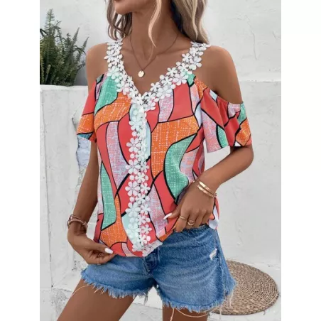 SHEIN VCAY Blusa con estampado geométrico panel con encaje de hombros descubiertos