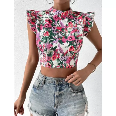 SHEIN Privé Camisa corta con estampado floral de cuello alto ribete con fruncido de espalda abierta con cordón