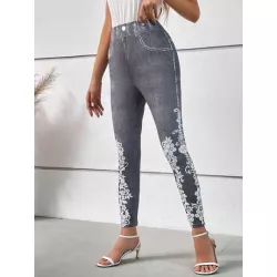 Leggings para Mujer Floral Estampado Imitación Vaquero Casual