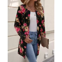 SHEIN LUNE Abrigo con estampado floral con parte delantera abierta