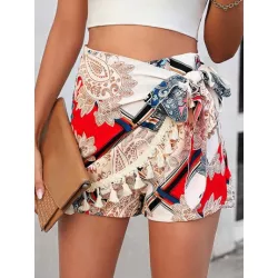 SHEIN LUNE Shorts con estampado de pañuelo ribete con fleco cruzado con nudo lateral