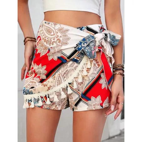 SHEIN LUNE Shorts con estampado de pañuelo ribete con fleco cruzado con nudo lateral