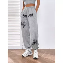 Pantalones deportivos con letra & estampado de cráneo de cintura con cordón