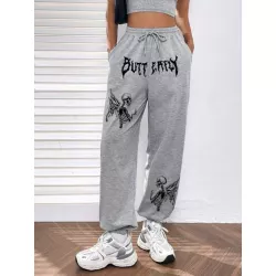 Pantalones deportivos con letra & estampado de cráneo de cintura con cordón