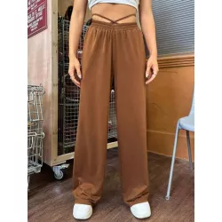 SHEIN EZwear Pantalones de pierna ancha unicolor de cintura con tira cruzada