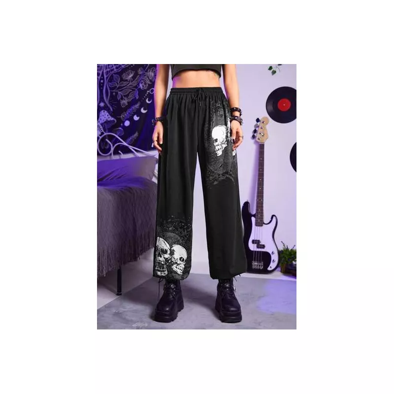 Grunge Punk Pantalones deportivos con estampado de cráneo con cordón