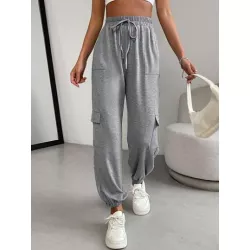 SHEIN Essnce Pantalones deportivos unicolor de cintura con cordón con bolsillo lateral con solapa