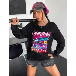 SHEIN Coolane Sudadera con estampado de coche y letra de hombros caídos