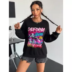 SHEIN Coolane Sudadera con estampado de coche y letra de hombros caídos