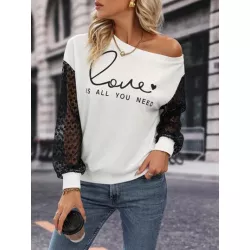 SHEIN LUNE Sudadera con estampado de slogan con encaje en contraste de hombros caídos