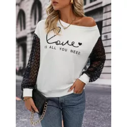 SHEIN LUNE Sudadera con estampado de slogan con encaje en contraste de hombros caídos