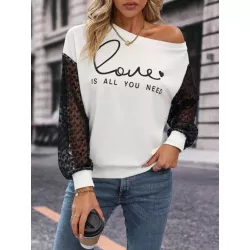 SHEIN LUNE Sudadera con estampado de slogan con encaje en contraste de hombros caídos