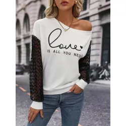 SHEIN LUNE Sudadera con estampado de slogan con encaje en contraste de hombros caídos