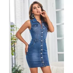 SHEIN LUNE Vestido mezclilla ajustado con bolsillo con solapa con botón delantero