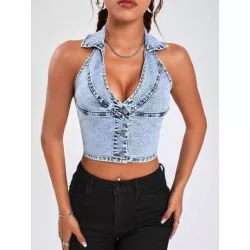 EZwear Top en mezclilla con botón delantero de espalda abierta de cuello halter