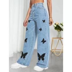 Jeans con estampado de mariposa de pierna ancha