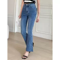 Jeans de pierna amplia de talle alto ribete sin dobladillo