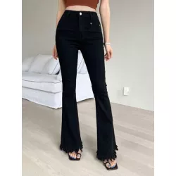 Jeans de pierna amplia de talle alto bajo con fleco